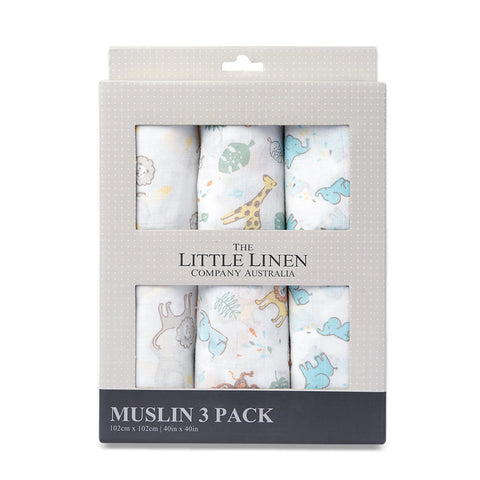 LITTLE LINEN MUSLIN WRAP 3PK - SAFARI BEAR