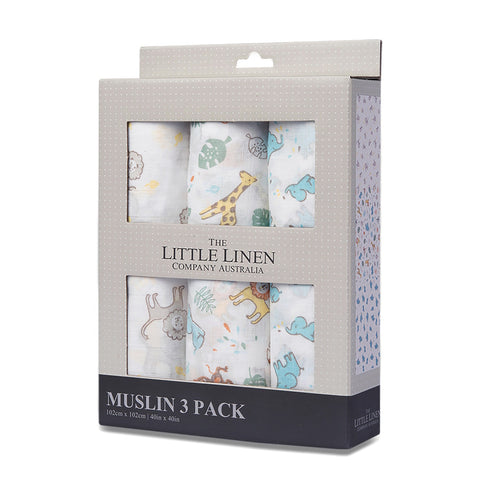 LITTLE LINEN MUSLIN WRAP 3PK - SAFARI BEAR