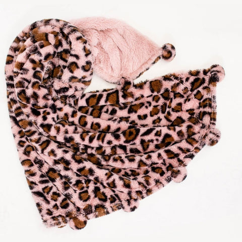 LITTLE LINEN WEEGOAMIGO PLUSH POM POM BLANKET -LEOPARD PINK