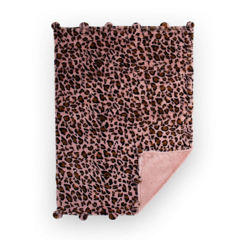 LITTLE LINEN WEEGOAMIGO PLUSH POM POM BLANKET -LEOPARD PINK